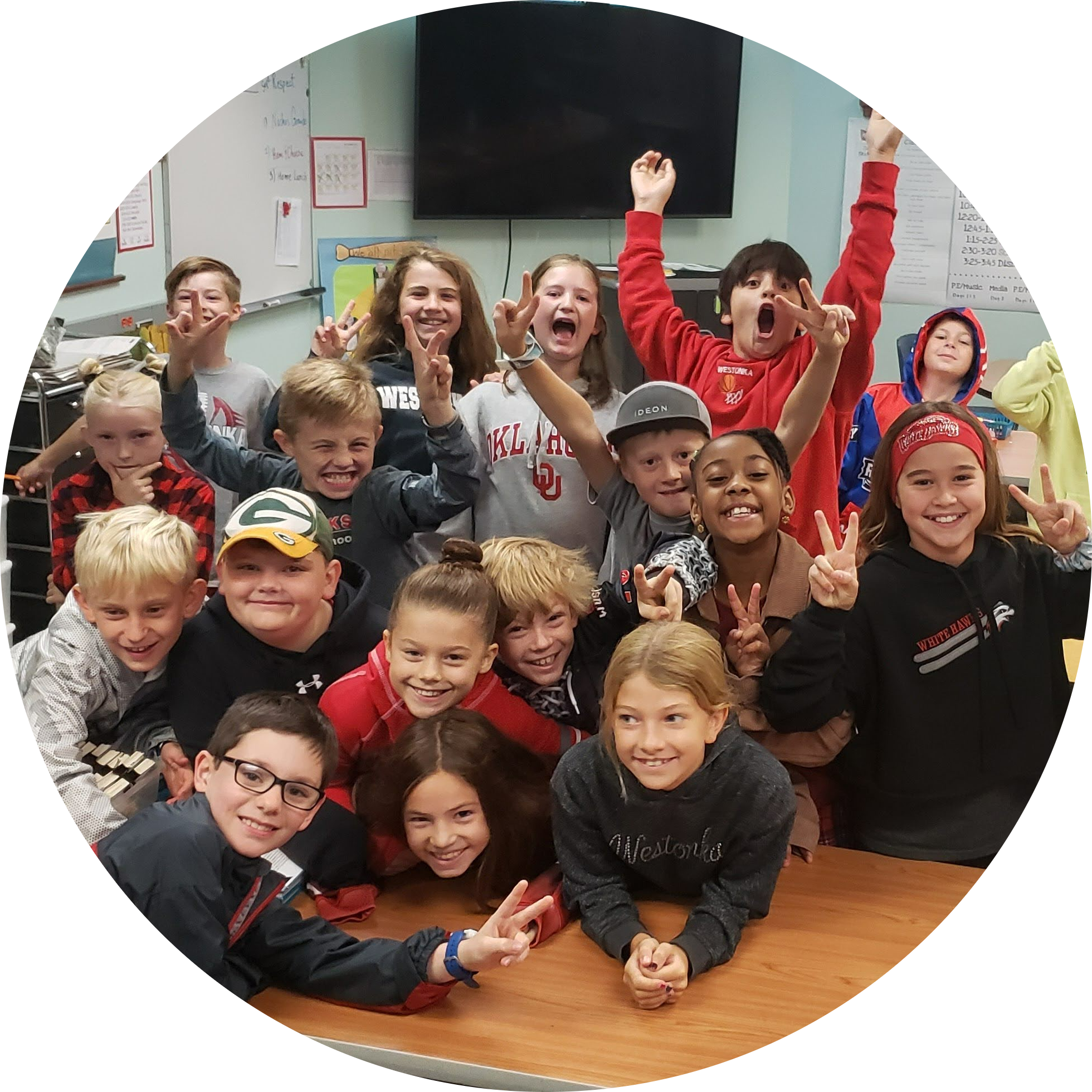 students posing in classroom